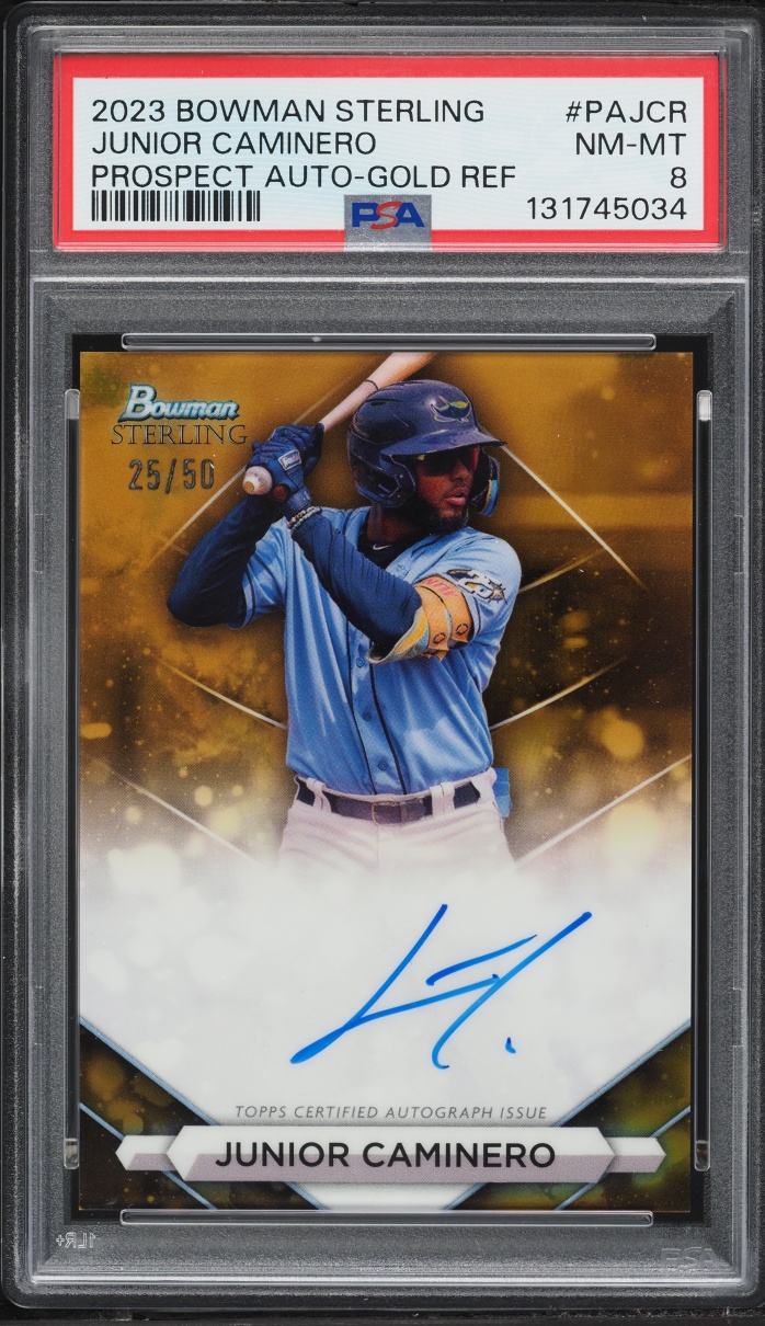 2023 Bowman Sterling Gold Refractor Junior Caminero PROSPECT AUTO /50 #PAJCR PSA 8 NM-MT