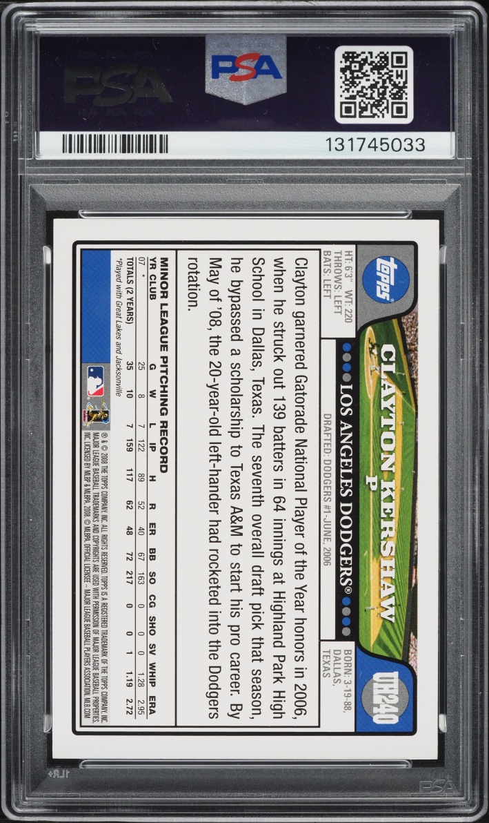 2008 Topps Update & Highlights Clayton Kershaw ROOKIE #UH240 PSA 9 MINT