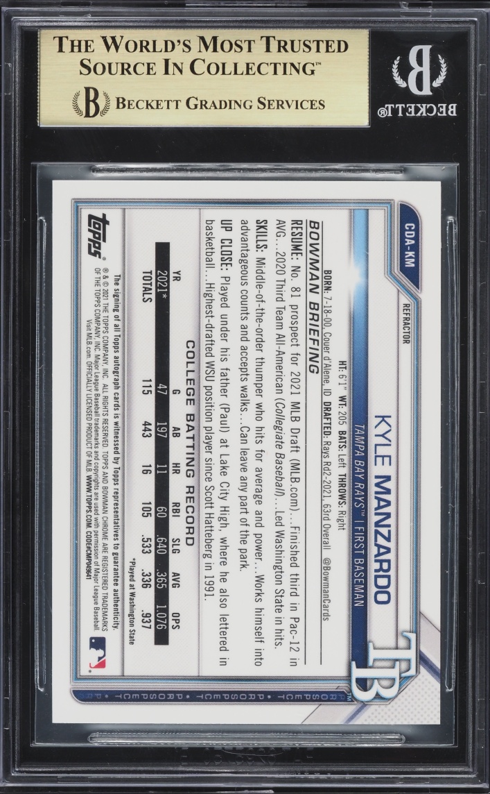 2021 Bowman Chrome Draft Refractors Kyle Manzardo AUTO /499 #CDAKM BGS 9.5 GEM MINT