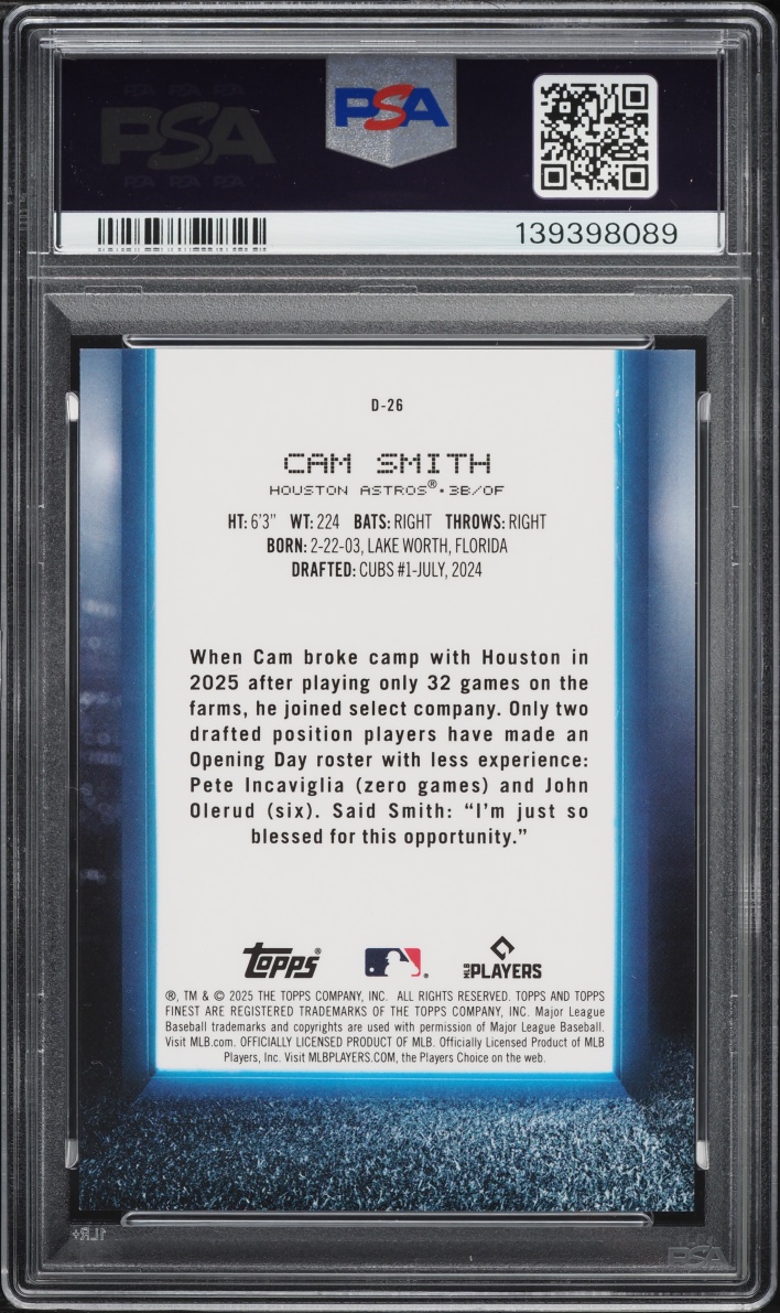 2025 Finest Debut Black Refractor Cam Smith ROOKIE /10 #D26 PSA 10 GEM MINT