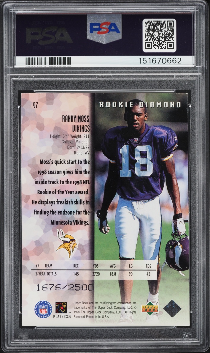 1998 Black Diamond Double Randy Moss ROOKIE /2500 #97 PSA 9 MINT