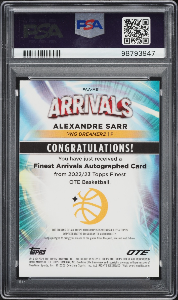 2022 Finest Overtime Elite Arrivals Variation Orange Raywave Alexandre Sarr AUTO /25 PSA 9