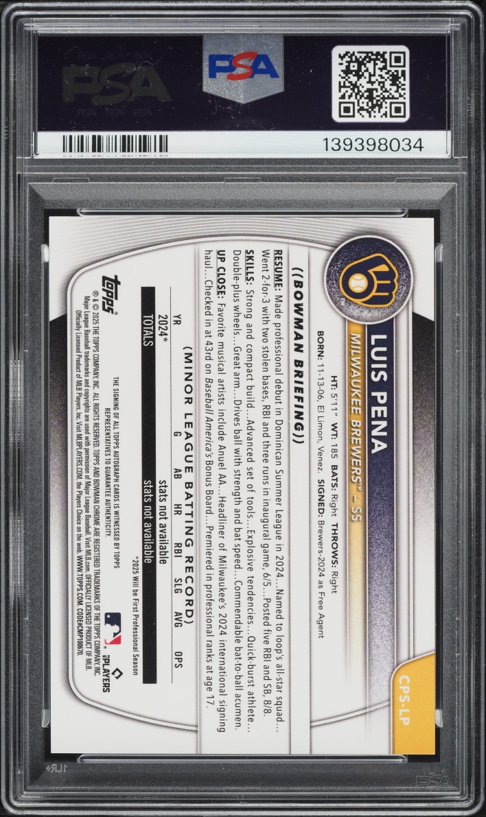 2025 Bowman Chrome Sapphire Edition Green Luis Pena PROSPECT AUTO /99 #CPS-LP PSA 9 MINT