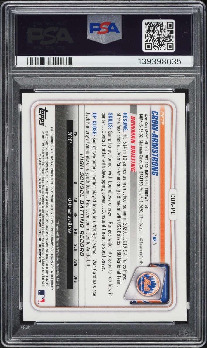 2020 Bowman Chrome Draft Green Refractor Pete Crow-Armstrong PROSPECT AUTO /99 #CDA-PC PSA 9