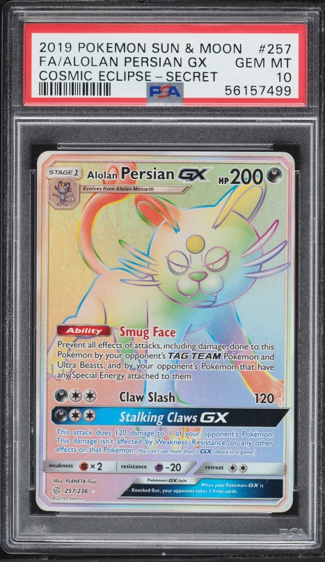 2019 Pokemon Sun & Moon Cosmic Eclipse Rainbow Rare Alolan Persian GX #257 PSA 10 GEM MINT