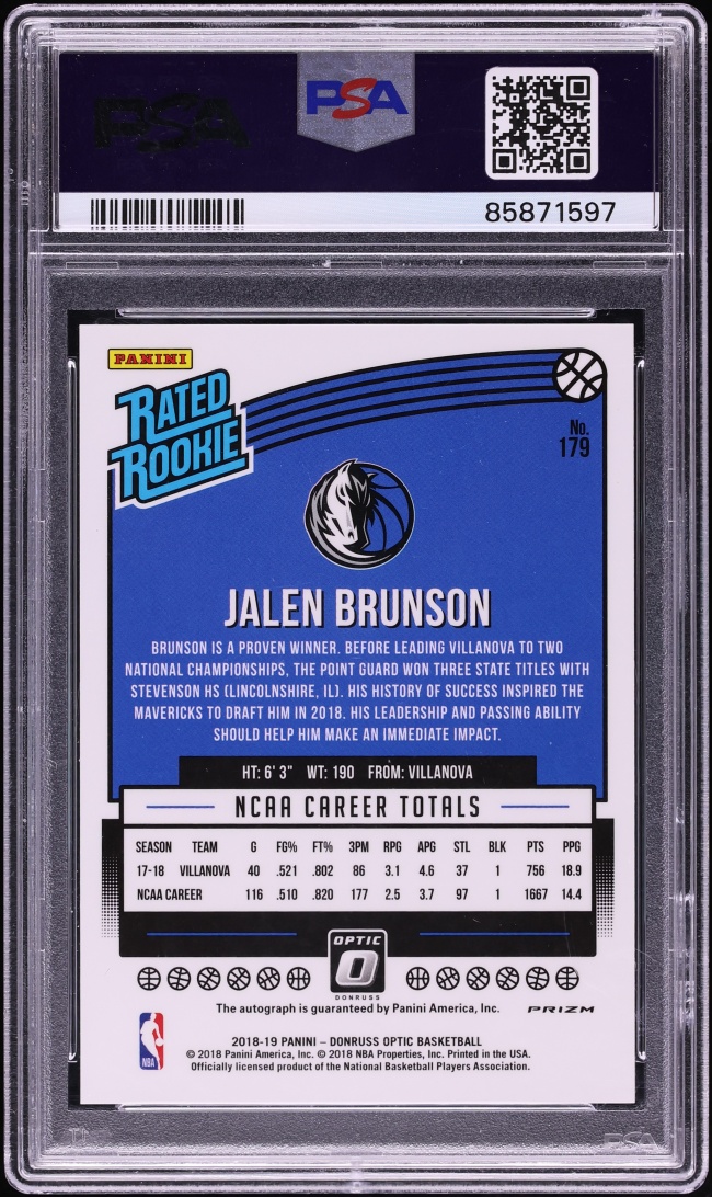 2018 Donruss Optic Fast Break Jalen Brunson ROOKIE AUTO #179 PSA 10 GEM MINT