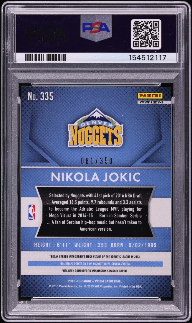 2015 Panini Prizm Ruby Wave Nikola Jokic ROOKIE /350 #335 PSA 8 NM-MT
