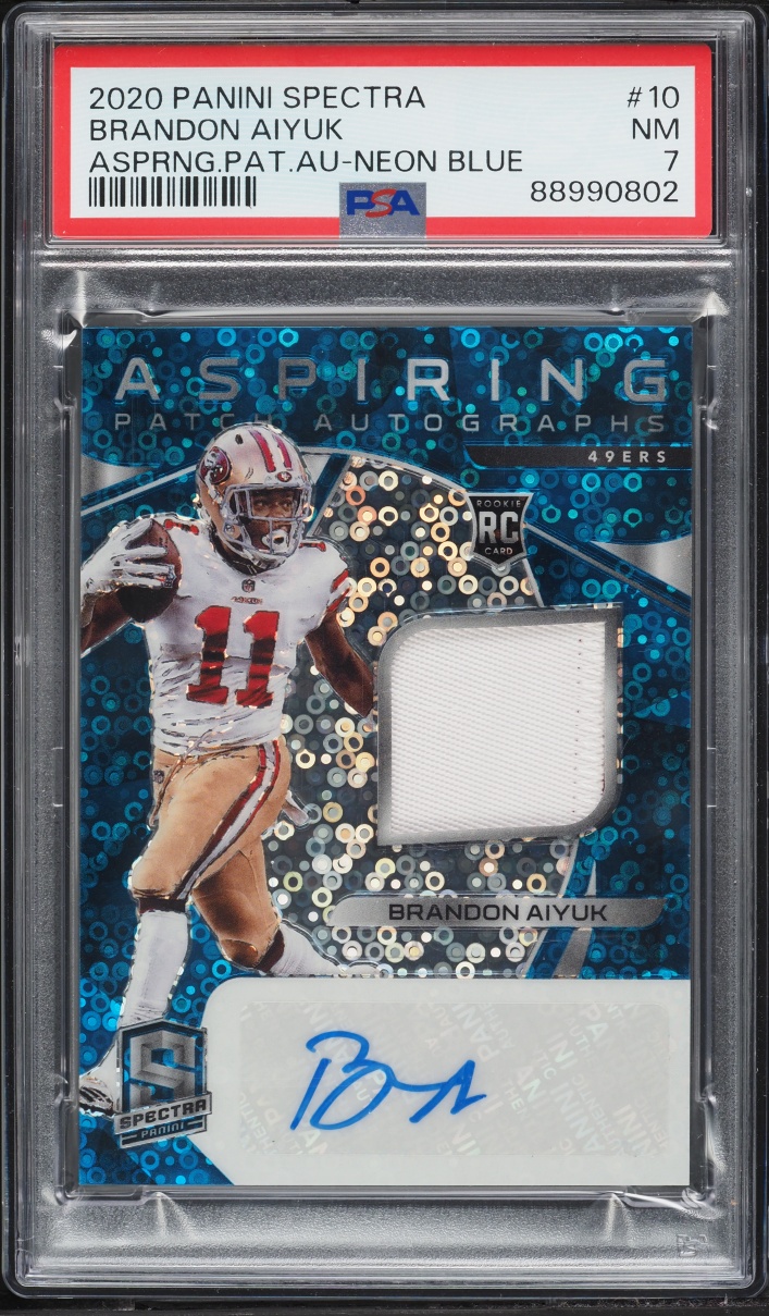 2020 Panini Spectra Aspiring Neon Blue Prizm Brandon Aiyuk ROOKIE PATCH AUTO /60 #10 PSA 7 NRMT