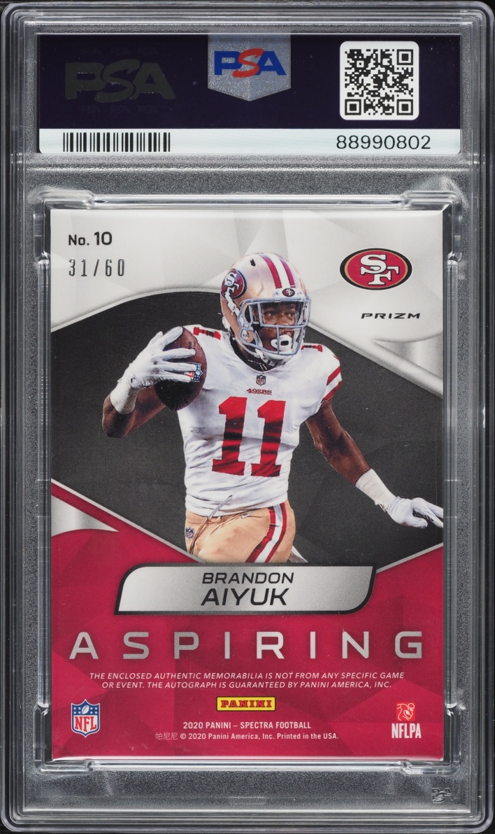 2020 Panini Spectra Aspiring Neon Blue Prizm Brandon Aiyuk ROOKIE PATCH AUTO /60 #10 PSA 7 NRMT