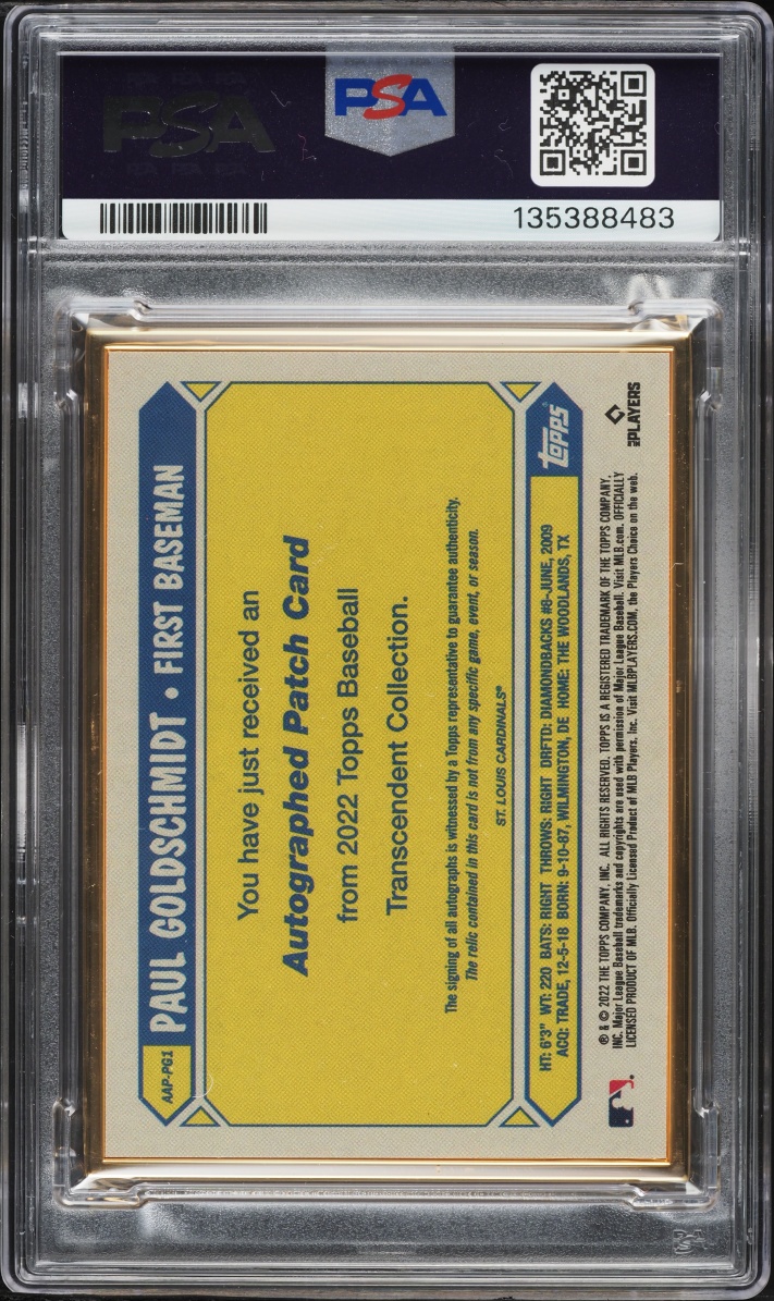 2022 Topps Transcendent Collection Active Paul Goldschmidt PATCH AUTO 1/1 #AAP-PG1 PSA 8 NM-MT