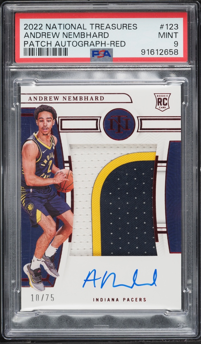 2022 National Treasures Red Andrew Nembhard ROOKIE PATCH AUTO /75 #123 PSA 9 MINT
