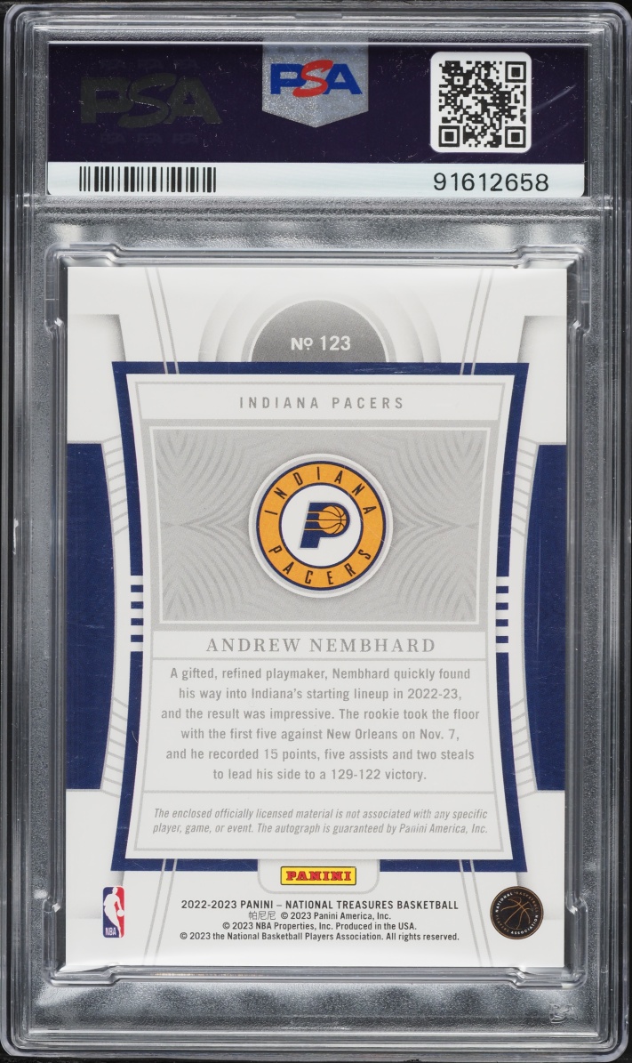 2022 National Treasures Red Andrew Nembhard ROOKIE PATCH AUTO /75 #123 PSA 9 MINT