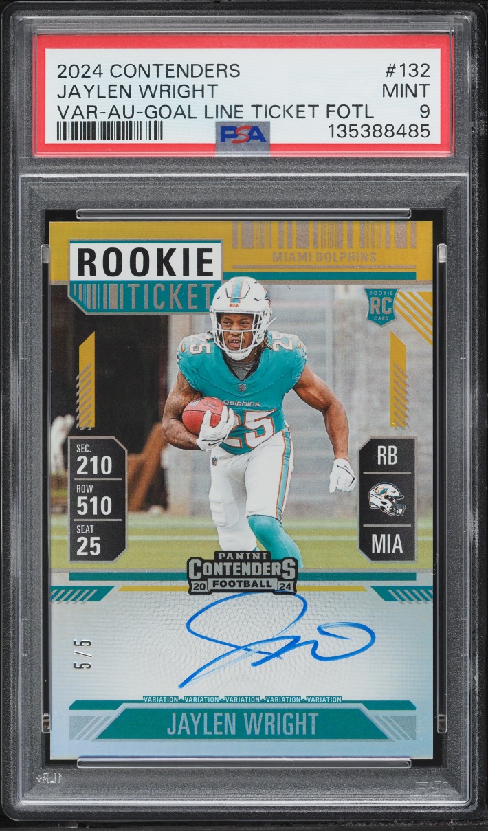 2024 Panini Contenders Goal Line FOTL Variation Jaylen Wright ROOKIE AUTO 5/5 #132 PSA 9 MINT