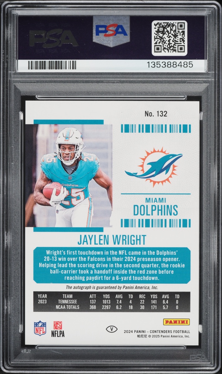 2024 Panini Contenders Goal Line FOTL Variation Jaylen Wright ROOKIE AUTO 5/5 #132 PSA 9 MINT