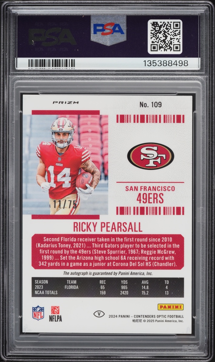 2024 Panini Contenders Optic Variation Teal Prizm Ricky Pearsall ROOKIE AUTO /75 #109 PSA 9