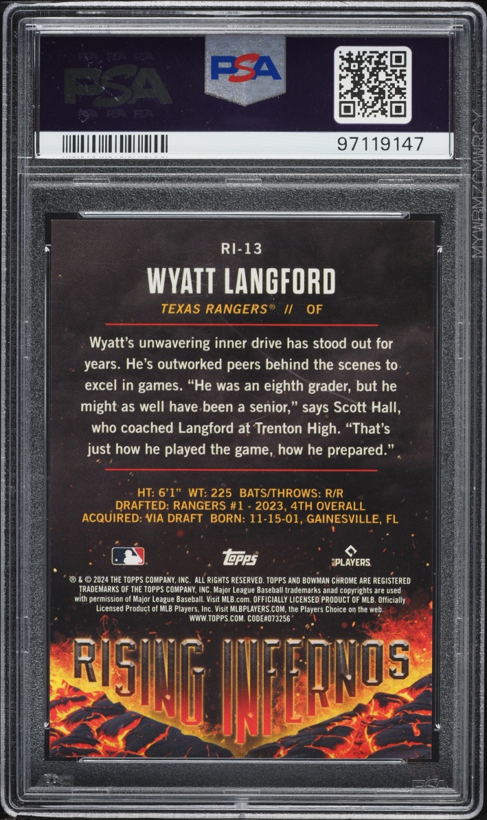 2024 Bowman Chrome Rising Infernos Aqua Wyatt Langford ROOKIE /125 #RI-13 PSA 10 GEM MINT