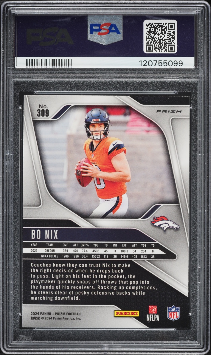 2024 Panini Prizm Lazer Bo Nix ROOKIE #309 PSA 9 MINT