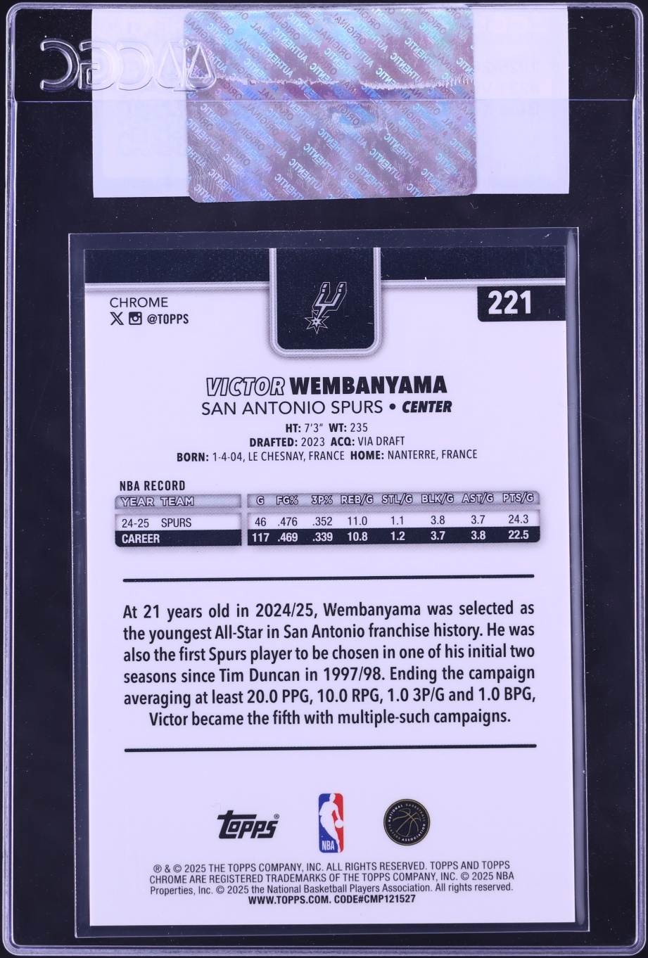 2025 Topps Chrome Blue Xfractor Victor Wembanyama #221 CGC AUTH