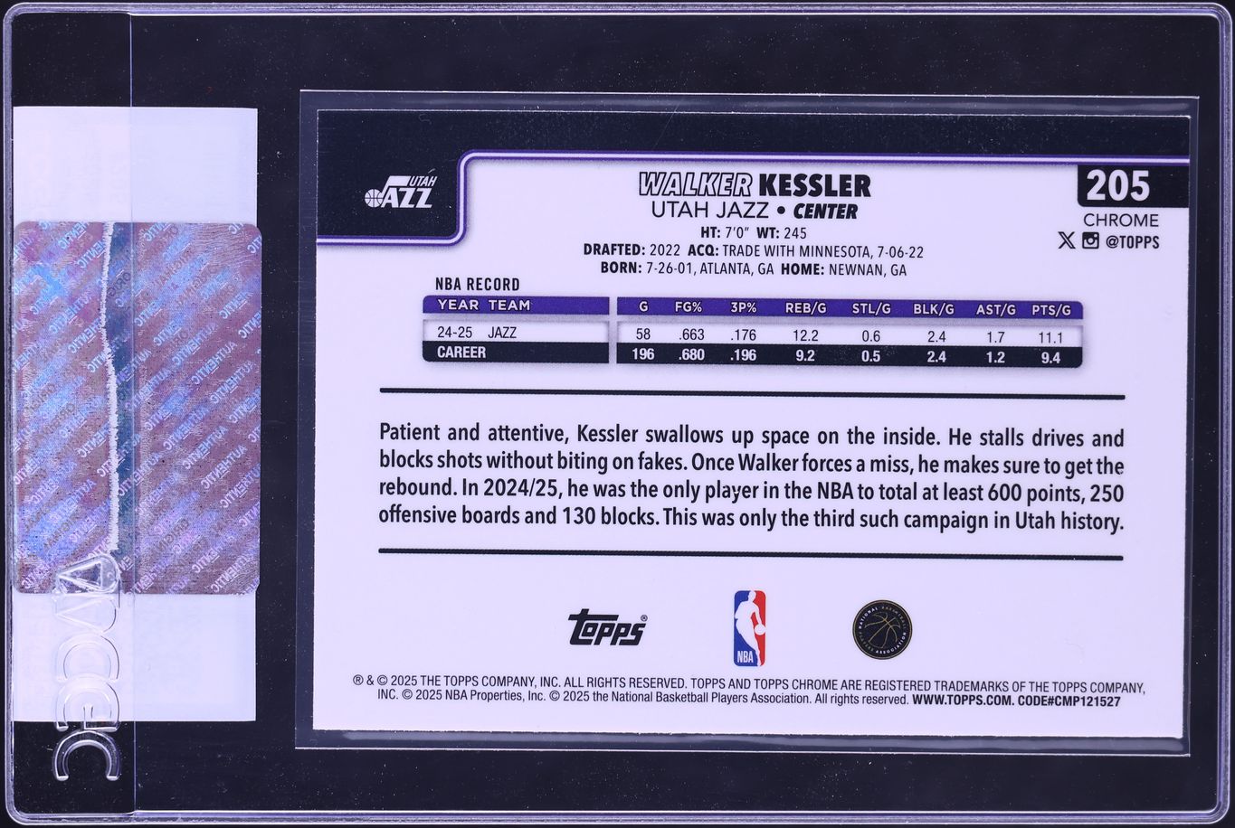 2025 Topps Chrome Sapphire Walker Kessler #205 CGC AUTH