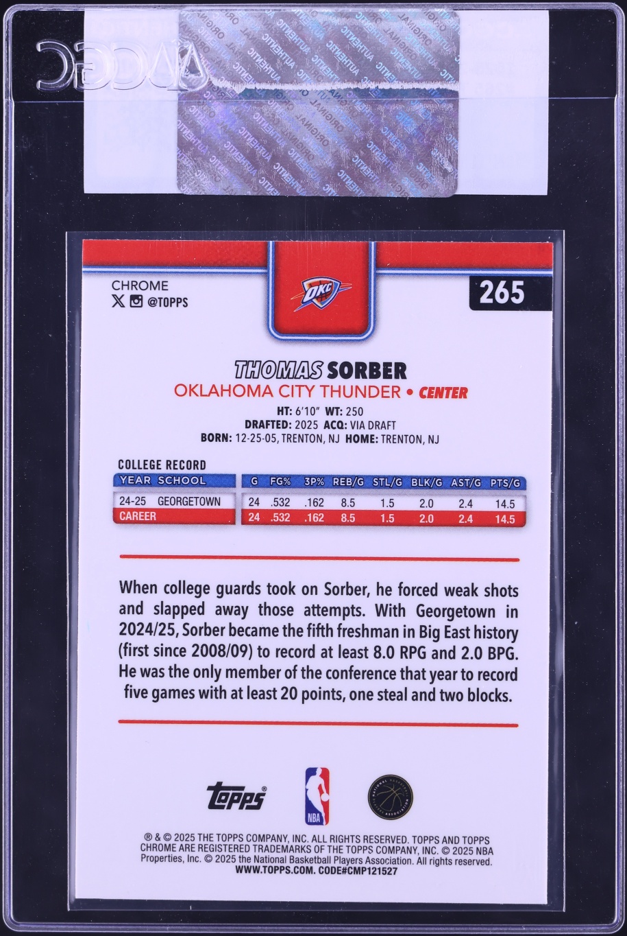 2025 Topps Chrome Sapphire Thomas Sorber ROOKIE #265 CGC AUTH