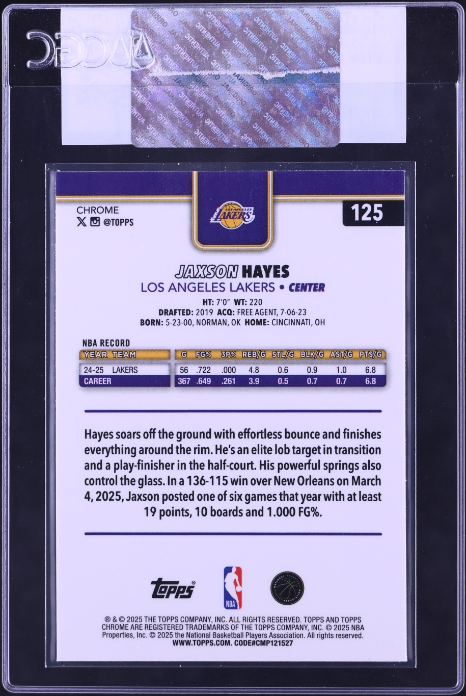 2025 Topps Chrome Sapphire Jaxson Hayes #125 CGC AUTH