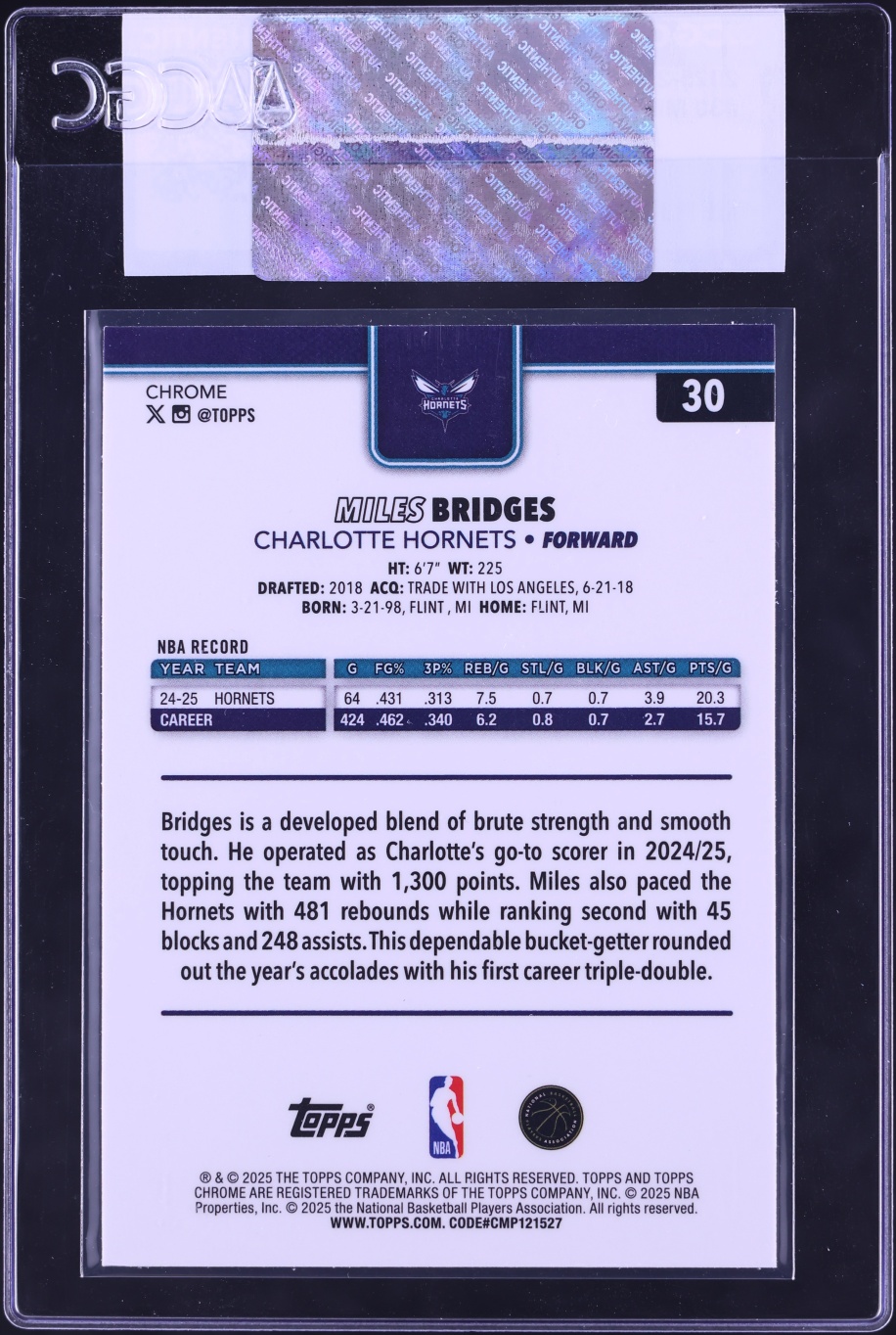 2025 Topps Chrome Sapphire Miles Bridges #30 CGC AUTH