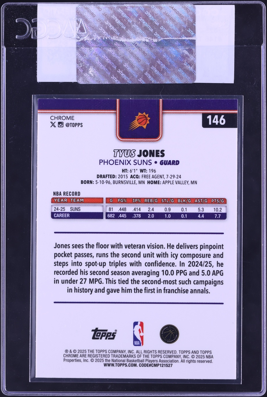 2025 Topps Chrome Sapphire Tyus Jones #146 CGC AUTH