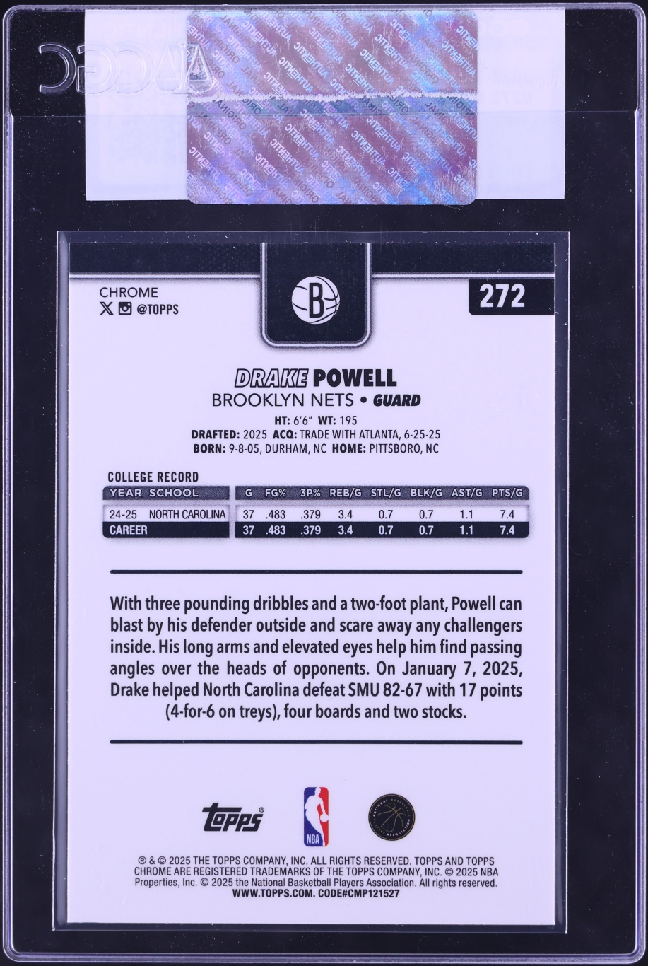2025 Topps Chrome Sapphire Drake Powell ROOKIE #272 CGC AUTH