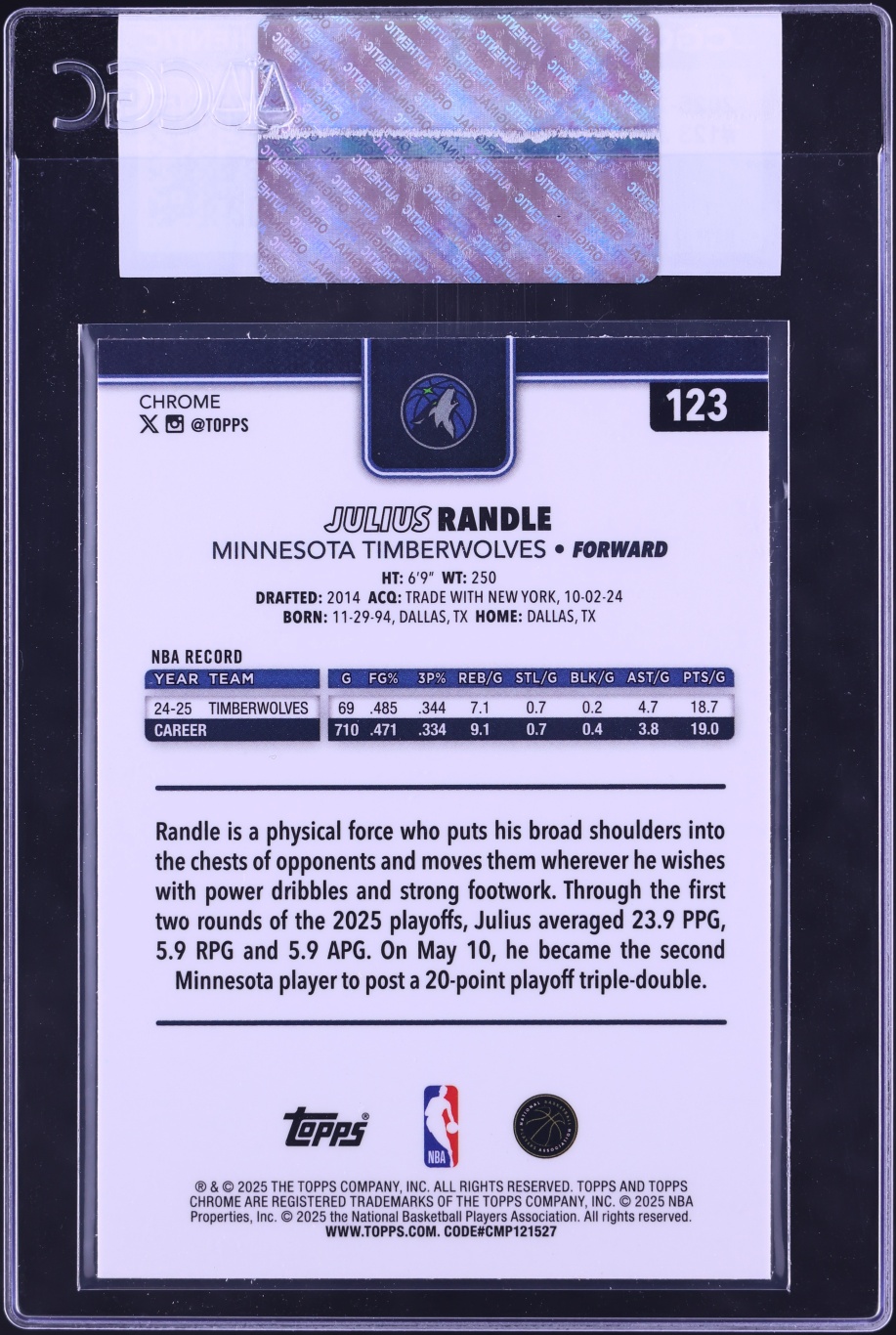 2025 Topps Chrome Sapphire Julius Randle #123 CGC AUTH