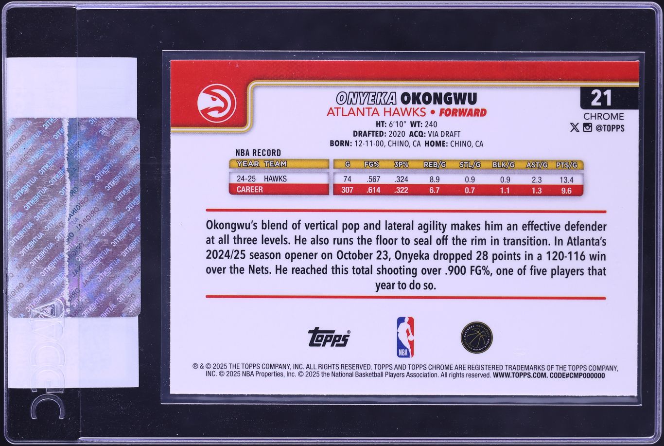 2025 Topps Chrome Sapphire Onyeka Okongwu #21 CGC AUTH