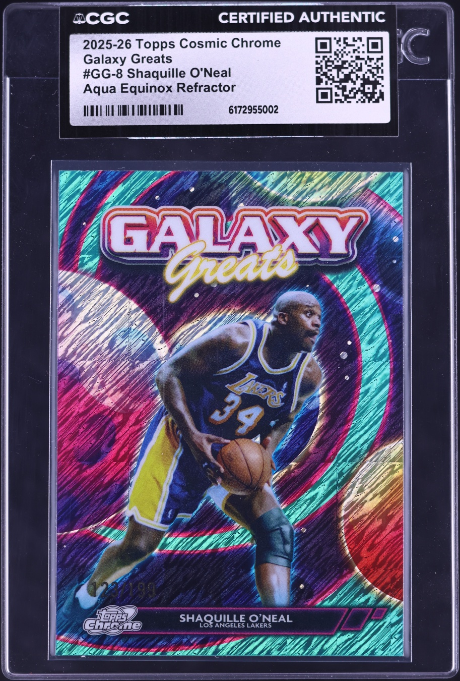 2025 Topps Chrome Cosmic Galaxy Greats Aqua Equinox Ref Shaquille O'Neal /199 #GG-8 CGC AUTH