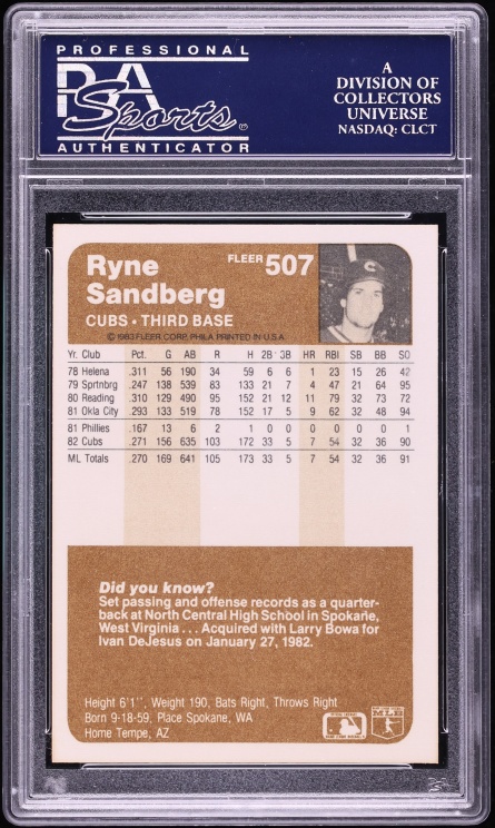 1983 Fleer Ryne Sandberg ROOKIE #507 PSA 9 MINT