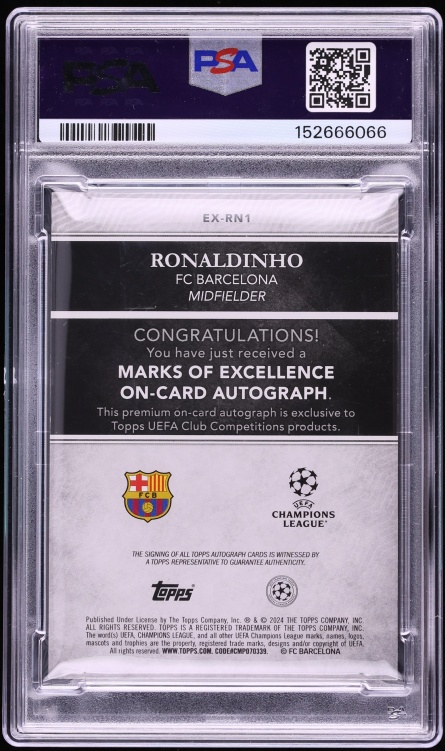 2024 Topps Definitive Collection UEFA CC Marks Of Excellence Red Ronaldinho AUTO 1/5 PSA 7