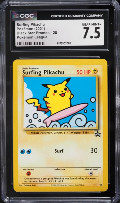 2001 Pokemon League Black Star Promo Surfing Pikachu #28 CGC 7.5 NRMT+