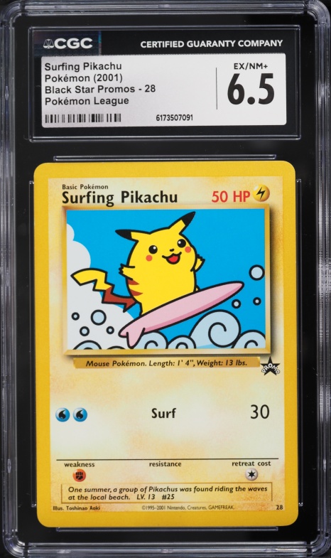 2001 Pokemon League Black Star Promo Surfing Pikachu #28 CGC 6.5 EXMT+