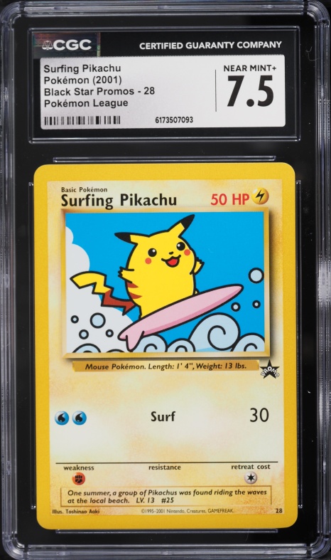 2001 Pokemon League Black Star Promo Surfing Pikachu #28 CGC 7.5 NRMT+