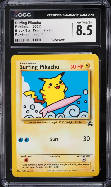 2001 Pokemon League Black Star Promo Surfing Pikachu #28 CGC 8.5 NM-MT+