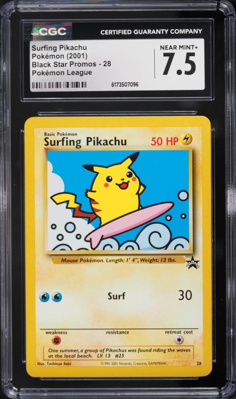 2001 Pokemon League Black Star Promo Surfing Pikachu #28 CGC 7.5 NRMT+