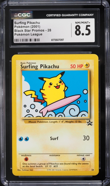 2001 Pokemon League Black Star Promo Surfing Pikachu #28 CGC 8.5 NM-MT+