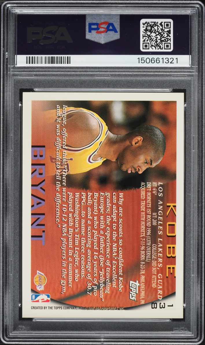 1996 Topps Basketball Kobe Bryant ROOKIE #138 PSA 9 MINT