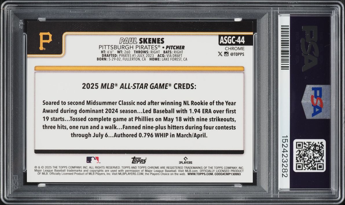 2025 Topps Chrome Update All Star Game Variation Green Refractor  Paul Skenes /99 #ASGC44 PSA 8