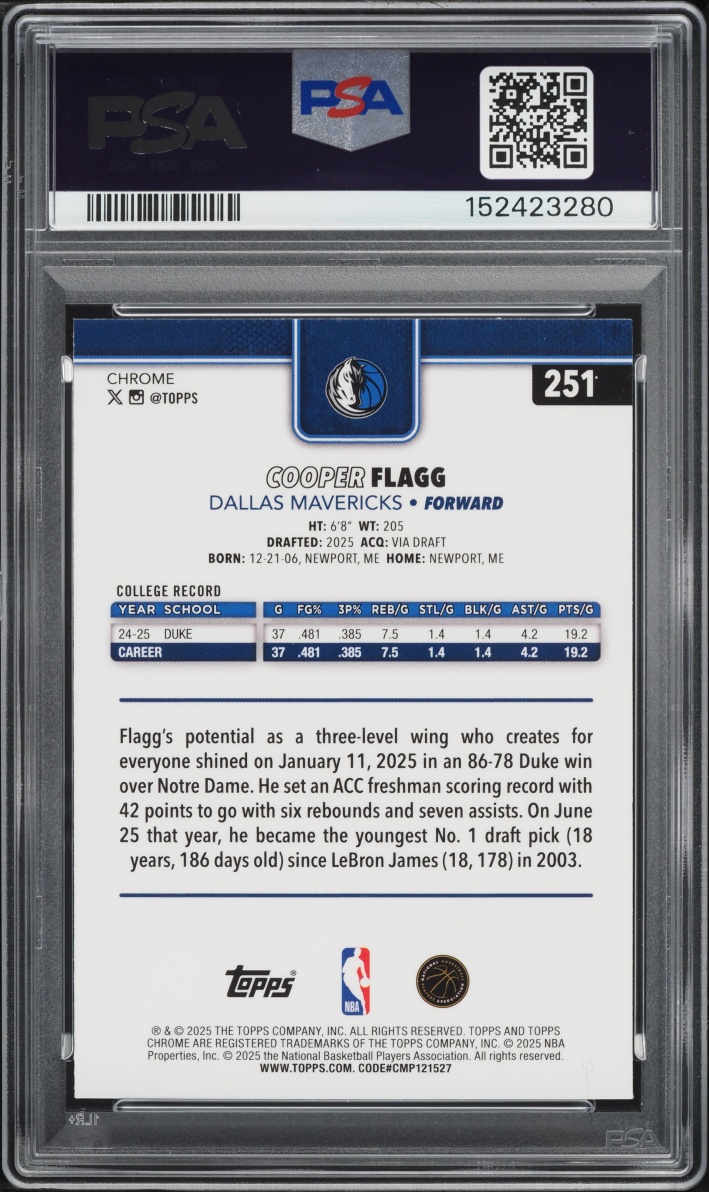 2025 Topps Chrome Raywave Cooper Flagg ROOKIE #251 PSA 10 GEM MINT