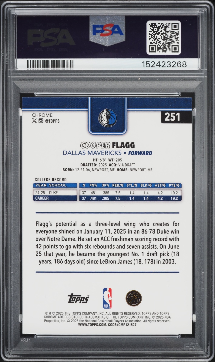 2025 Topps Chrome Xfractor Cooper Flagg ROOKIE #251 PSA 9 MINT