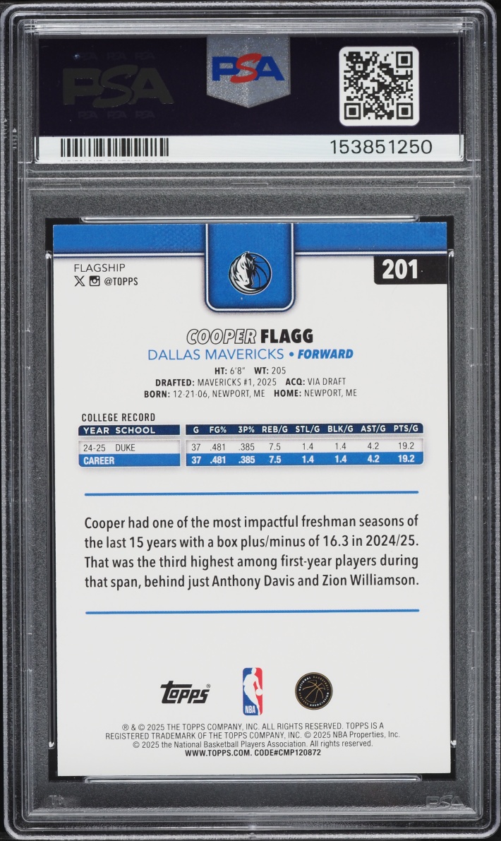 2025 Topps Basketball Cooper Flagg ROOKIE #201 PSA 9 MINT
