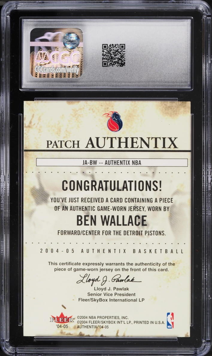 2004 Fleer Authentix Jersey Ben Wallace PATCH 1/50 #JA-BW CGC 9 MINT