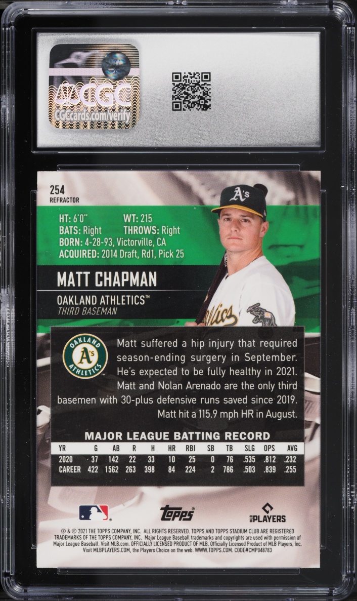 2021 Stadium Club Chrome Refractor Matt Chapman #254 CGC 10 GEM MINT