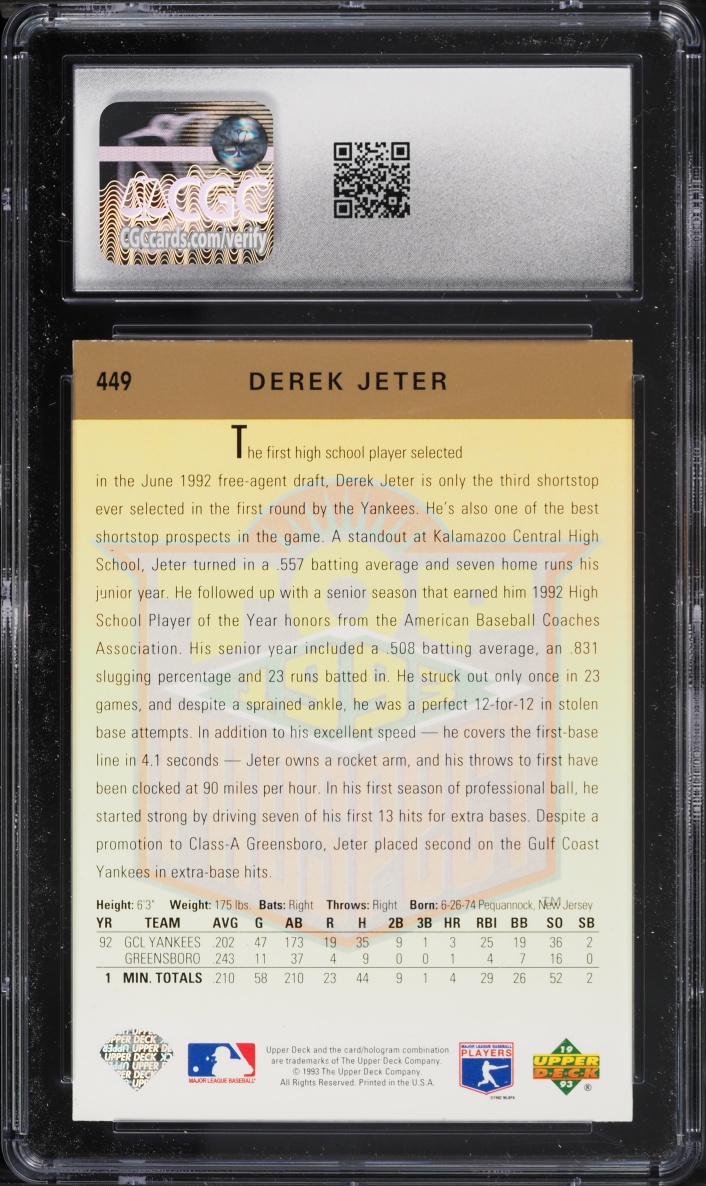 1993 Upper Deck Top Prospect Derek Jeter ROOKIE #449 CGC 9 MINT