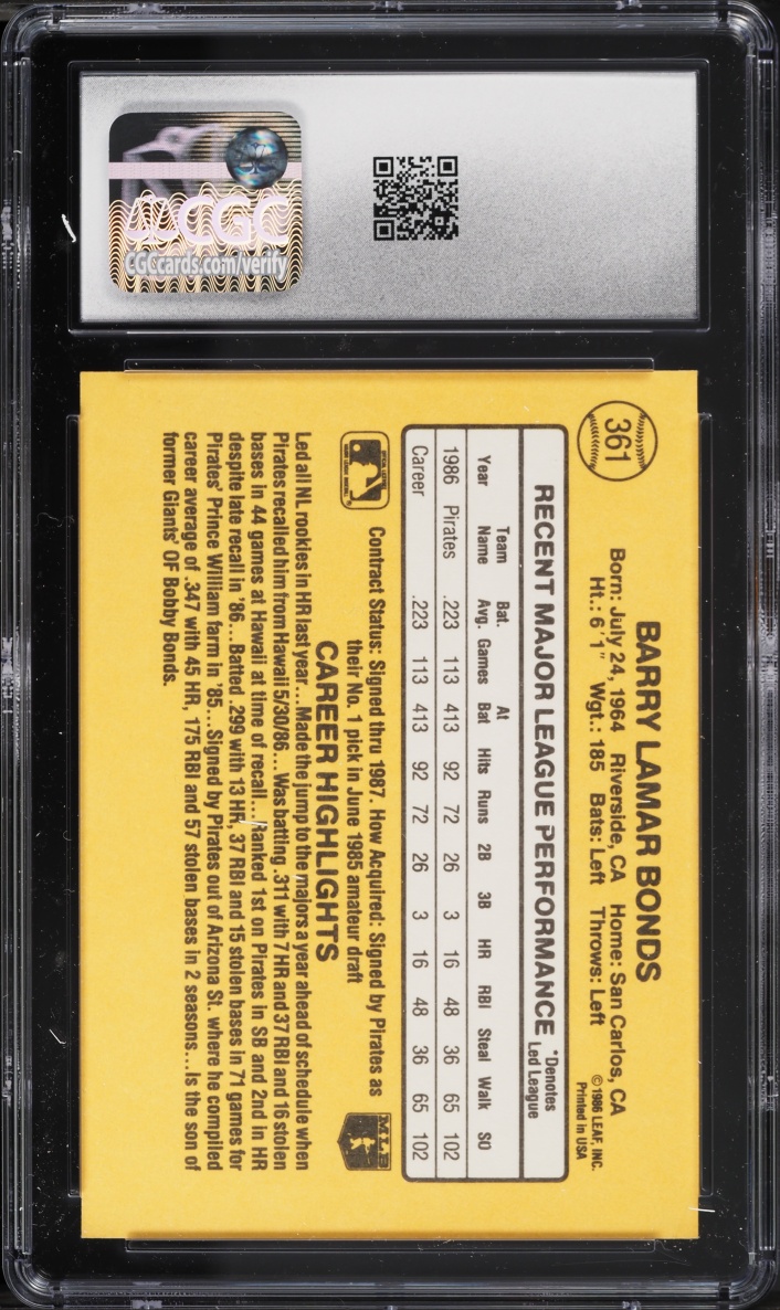 1987 Donruss Barry Bonds ROOKIE #361 CGC 9 MINT