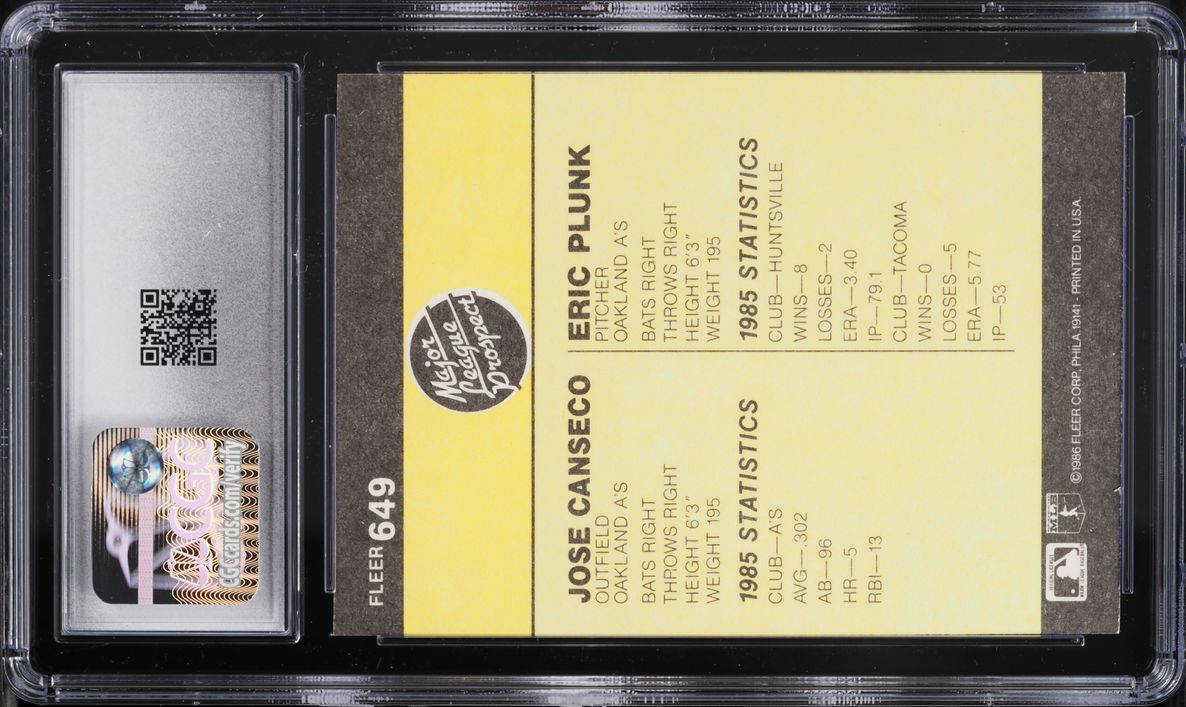 1986 Fleer Major League Prospects Eric Plunk & Jose Canseco ROOKIE #649 CGC 8 NM-MT