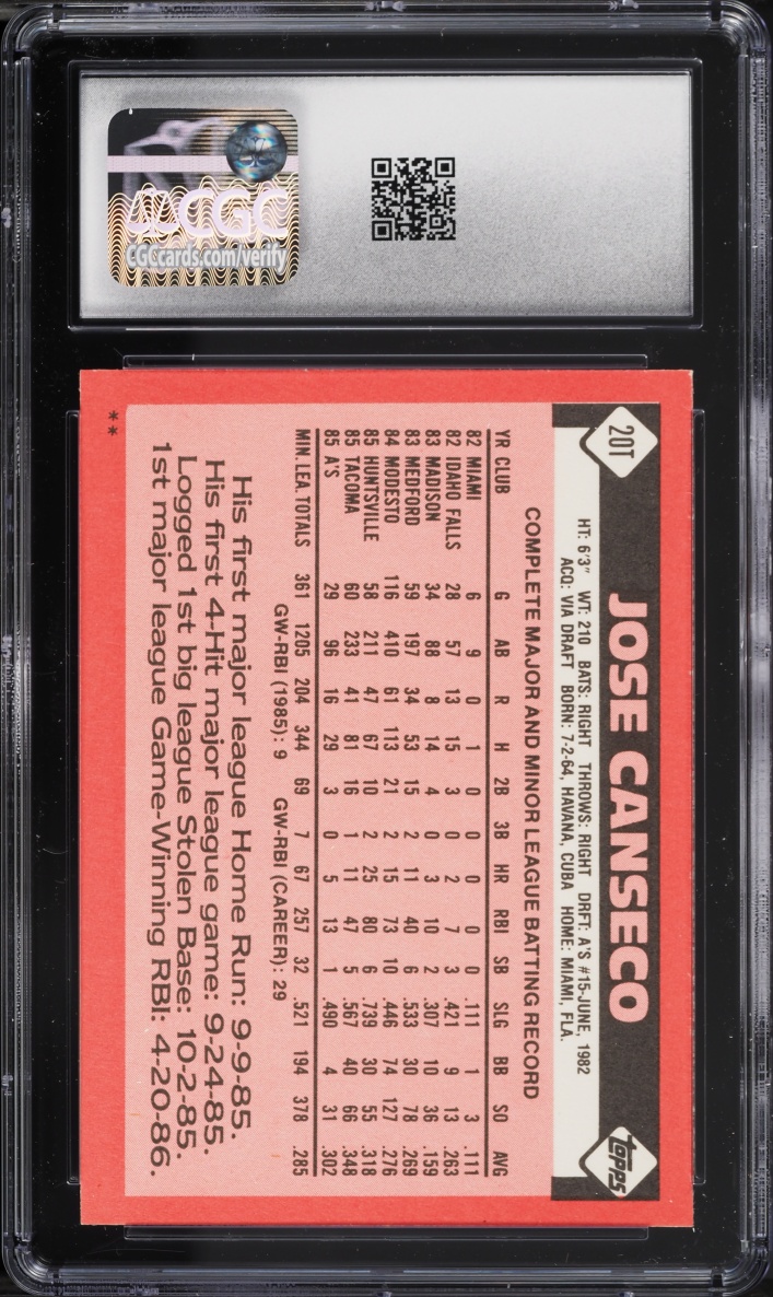1986 Topps Traded Jose Canseco ROOKIE #20T CGC 8 NM-MT